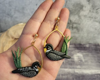 Common Loon Earrings, Polymer Clay Earrings, Loon Earrings, Bird jewelry, Canadian North, Bird Lover, Nature lover, Canadian Wildlife