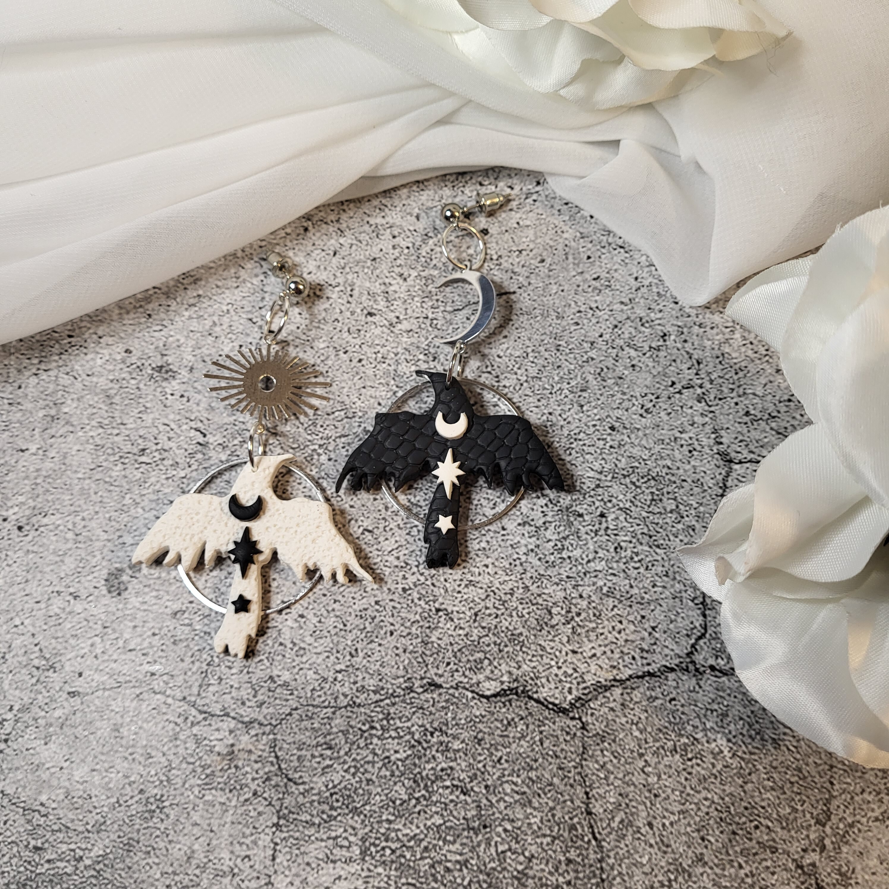 Asymmetrical Celestial Raven Earrings, Mismatched Raven Earrings, Corvid Earrings, Corvid jewelry, Crow jewelry, Goth earrings, Bird jewelry