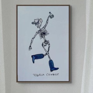 Tequila Cowboy | Cowboy Art | Skeleton Painting | Cocktail Artwork | Skeleton Watercolor Print| Bar Cart Decor | Tequila Artwork
