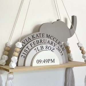 Elephant Stacker Shelfie - Personalised Safari Themed Nursery - Grey elephant Print Nursery decor - birth details wooden Elephant