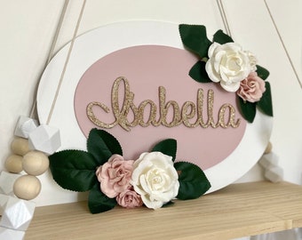 Personalised floral girly door sign - girls birthday gift - blush pink bedroom wall sign with glitter name and flower roses