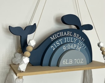 Whale Stacker Shelfie - Personalised Sealife Themed Nursery - Navy Blue Egg Shell Nursery decor - birth details wooden Whale