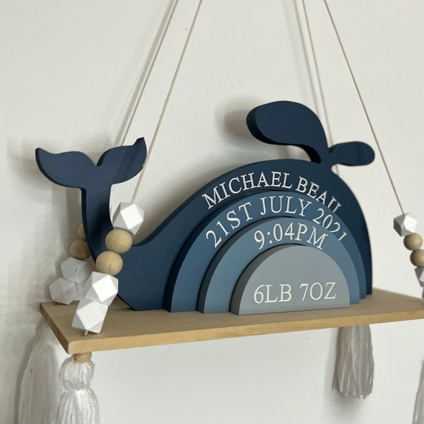 Whale Stacker Shelfie - Personalised Sealife Themed Nursery - Navy Blue Egg Shell Nursery decor - birth details wooden Whale