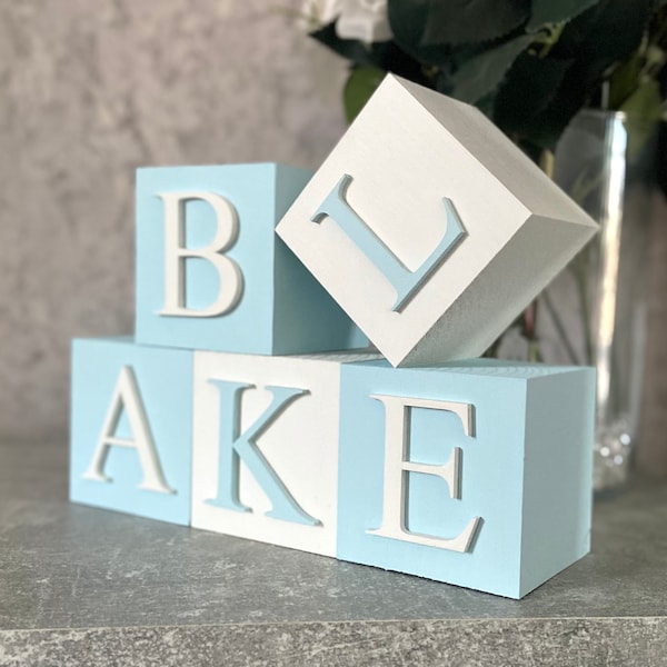 Personalised Baby blue baby blocks wooden name letter cubes stacking boy nursery decor blue and grey theme baby shower gift newborn custom