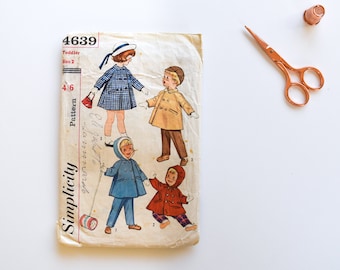 Sewing Pattern Simplicity 4639 Vintage 1960s Toddler's Coat, Hooded Coat and Pants with Suspenders - USED/CUT