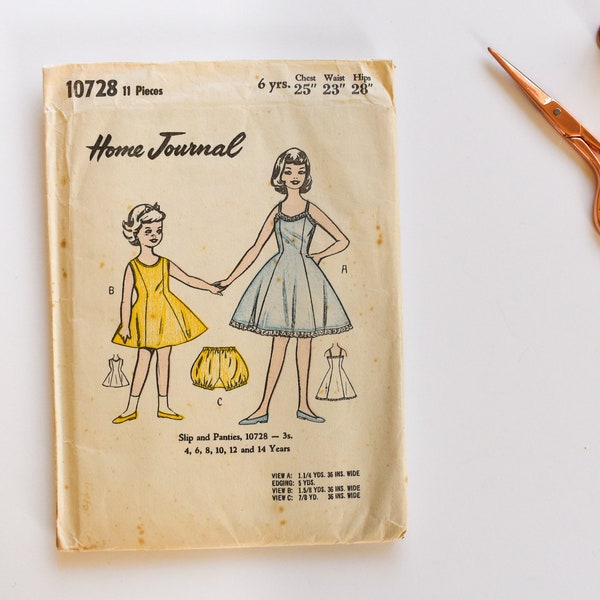 Home Journal 10728 Vintage 1960s Sewing Pattern Girls Slip and Panties - USED/CUT