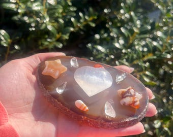 Crystal Grid Kit – Flower Agate Star, Selenite Heart, Agate Plate
