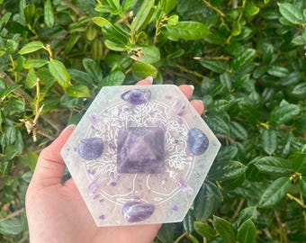 Stress Relief Crystal Grid Kit – Lepidolite, Amethyst, Satin Spar Plate