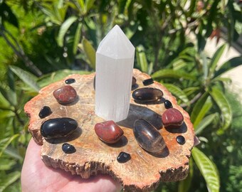 Grounding Crystal Grid Kit – Petrified Wood Plate, Selenite Generator