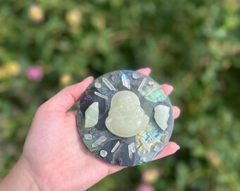 Crystal Grid Kit – Jade Buddha, Calcite, Quartz, and Labradorite Plate
