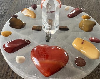 Grounding Crystal Grid Kit- Mookaite, Tiger's Eye, Quartz Generator, Carnelian Hearts & Selenite Plate