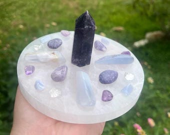 Emotional Healing Crystal Grid Kit - Satin Spar, Lepidolite, Chalcedony