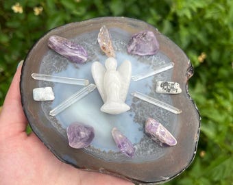 Stress Relief Crystal Grid Kit – Agate Plate, Amethyst, Quartz