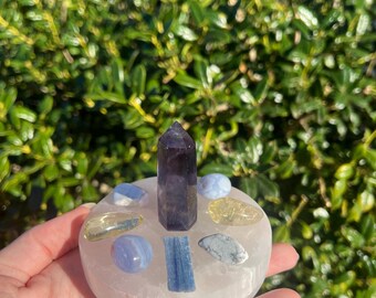 Gemini (Clarity) Crystal Grid- Fluorite Generator, Golden Labradorite, Howlite, Blue Kyanite, Satin Spar