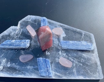 Love Attraction Crystal Grid Kit- Raw Selenite Plate, Rhodchrosite Tower, Blue Kyanite & Rose Quartz