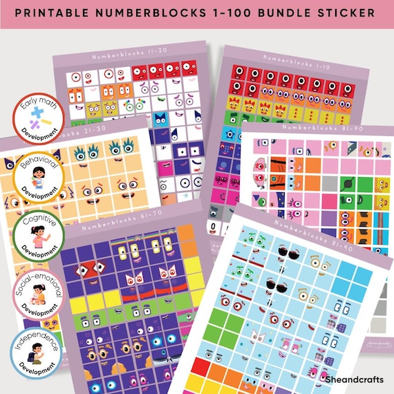 Printable Numberblock 1-100 Hand-drawn Stickers: Math Link Cubes, Montessori Learning | Christmas Gift, PreK School, Kids Gift