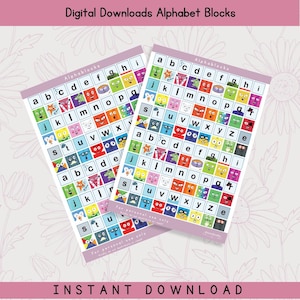 May include: Two digital download prints featuring colorful alphabet blocks with cartoon faces. Each block displays a letter from the alphabet. The prints are labeled "Alphabet Blocks" and "Instant Download."