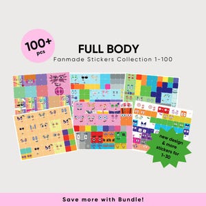 May include: A collection of over 100 fanmade stickers featuring colorful square characters with various facial expressions. The text reads FULL BODY Fanmade Stickers Collection 1-100, 100+ pcs, and new design & more stickers for 1-30. Save more with Bundle!