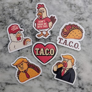 Anti-Trump stickerpakket T.A.C.O. Meme-vinylstickers | Politieke humor | Waterdicht | Grappige kippenstickers | Parodiepakket | 3-inch stickers