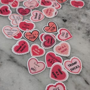 1-inch waterproof vinyl stickers featuring bold anti-Trump messages, including "Not My President," "Fuck Trump," and "Trump is a Racist." This sticker pack includes approximately 50 high-quality, durable vinyl decals perfect for political activism, protests, or personal expression. Ideal for laptops, water bottles, and notebooks.