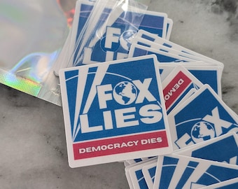 Fox Lies Stickers – “Democracy Dies” | Funny Political Anti-Fox News Vinyl Stickers | 50 Pack Waterproof Decals