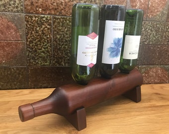 Bottle Shaped 3 Bottle Wood Wine Rack Display, Wedding Anniversary Birthday Housewarming Gift, Wine Accessories Cellar Storage Rustic Pine