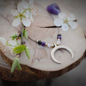 Moon Necklace - Crescent Moon - Brass Jewelry - Amethyst - Obsidian - Moonstone - Moon Symbol - Delicate Necklace - For Her