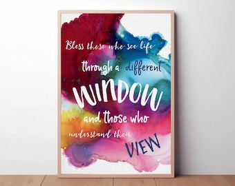 Bendice a quienes ven la vida a través de una ventana diferente / Descargas digitales JPEG / Póster de arte con cita sobre autismo / Arte mural sobre autismo / SPED / Tropical