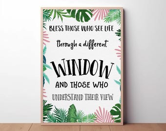Bendice a quienes ven la vida a través de una ventana diferente / Descargas digitales JPEG / Póster de arte con cita sobre autismo / Arte mural sobre autismo / SPED / Tropical