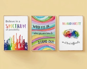 Arte mural de concientización sobre el autismo / Paquete de 3 carteles / Descargas digitales JPEG / Carteles de arte con citas sobre el autismo / Educación especial / Aula de autismo