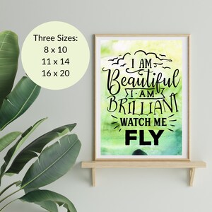 Eu sou lindo, eu sou brilhante, veja-me voar | Downloads de pôsteres JPEG | Arte da aguarela do verde das citações do autismo pôster | Arte da parede do autismo | SPED