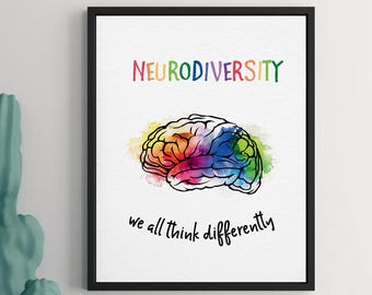 Neurodiversidad Todos pensamos de manera diferente / Descargas digitales JPEG / Póster de arte con cita sobre autismo / Arte mural sobre autismo / Educación especial / Aula de autismo
