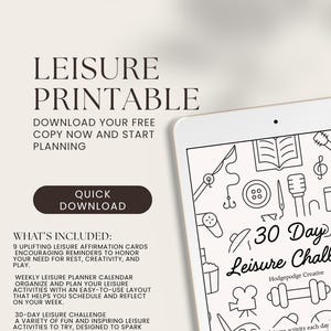 Puede incluir: Un imprimible digital titulado "Leisure Printable" con el texto "Descarga tu copia gratuita ahora y empieza a planificar". La imagen incluye una tableta que muestra un desafío de ocio de 30 días.