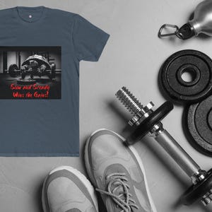 May include: A blue t-shirt with a black and white image of a turtle lifting weights. The text "Slow and Steady Wins the Gains!" is printed in red on the shirt.