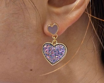 Pink Glitter Hearts Dangle Invisible Clip On Earrings