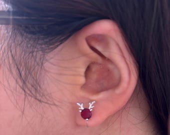 Red Rhinestone Reindeer Stud Invisible Clip On Earrings