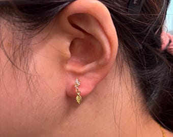 Gold Tone Leaf and Rhinestone Dangle Invisible Clip On Earrings