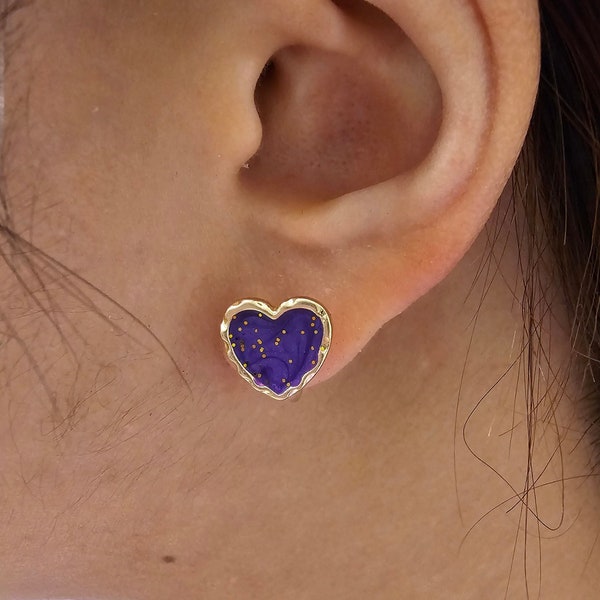 Purple Glitter Heart Stud Invisible Clip On Earrings