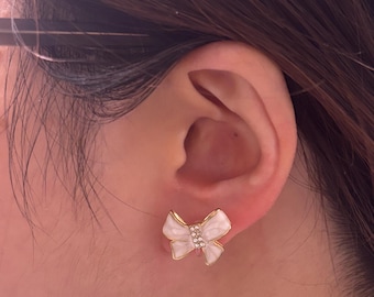 White with Rhinestone Bow Stud Invisible Clip On Earrings