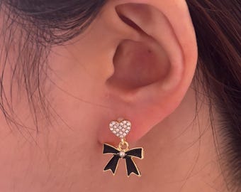 Black Bow with Heart Dangle Invisible Clip On Earrings