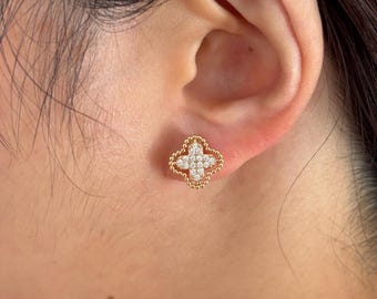 Gold Tone Rhinestone Clover Stud Invisible Clip On Earrings