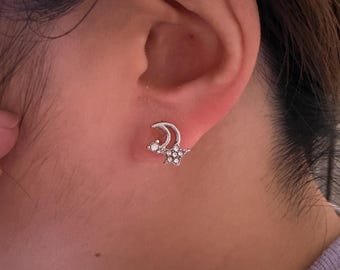 Silver Rhinestone Crescent Moon and Star Stud Invisible Clip On Earrings