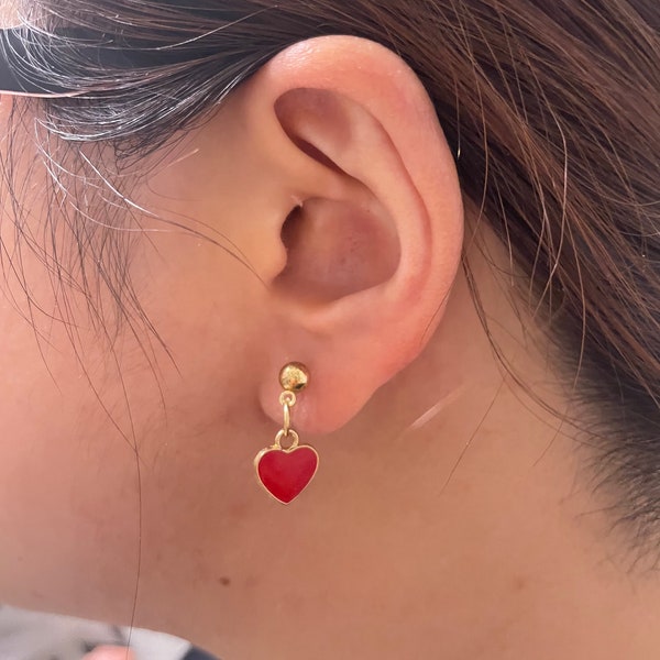 Red Heart Dangle Invisible Clip On Earrings