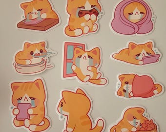 Può includere: Set di dieci adesivi con un gatto arancione dei cartoni animati con diverse espressioni. Il gatto piange in ogni adesivo. Gli adesivi sono su uno sfondo bianco.