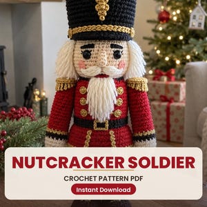 Schema natalizio all'uncinetto, Soldatino Schiaccianoci Amigurumi PDF, Giocattolo classico delle feste Download digitale