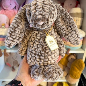 Puede incluir: Un peluche de conejo marrón con largas orejas caídas y una nariz rosa. El conejo tiene un patrón de pelaje texturizado y una etiqueta que dice "Jellycat". Otros peluches son visibles en estantes en el fondo.
