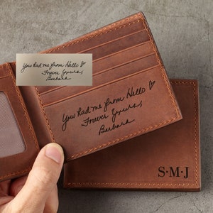 Cartera de cuero de escritura a mano para novio, regalo para él, billetera plegable para él, regalo de aniversario para novio, billetera personalizada para hombres