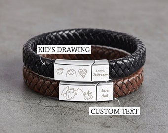 Kid Drawing Bracelet for Dad, Father's Day Gift, Dad Bracelet with Kid Art Work, Personalized Leather Bracelet for Dad, Gift for Husband