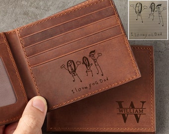 Dad Wallet with Kid Drawing, Dad Birthday Gift, Personalized Leather Wallet for Dad, Gift for Husband, Handwritten Wallet Dad