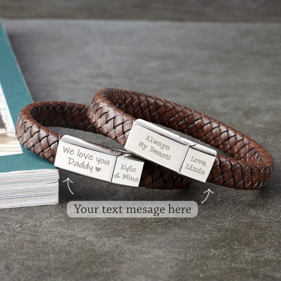 Personalised Mens Bracelet Engraved Leather Bracelets Gift For Him Customised Monogram Birthday Wedding Christmas Fathers Day Free Engraving With Gift Box